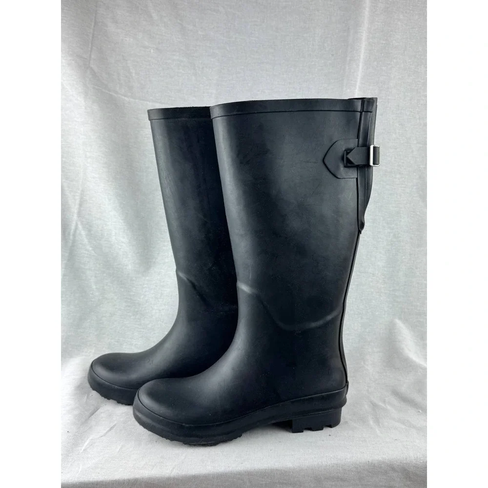 A New Day Womens Black Rubber Rain Boots Waterproof Tall Buckle Matte Size 7